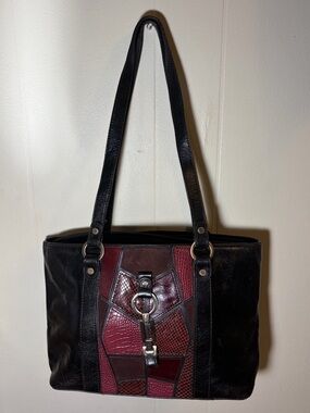 Black and Burgundy Etienne Aigner Patchwork Tote Handbag